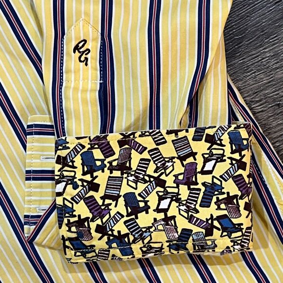 Robert Graham Yellow Striped Button Up Long Sleeve Flip Cuff Shirt - Men's Large - Picture 4 of 10